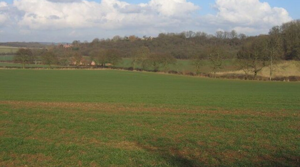 View towards Wilmcote. Looking NE across the corner of the square. The field in the foreground is in this square and is typical of the land around here as it slopes down to the stream at the bottom of the dip. Beyond the land rises steeply through the woodland with buildings on the western edge of Wilmcote visible in the distance.