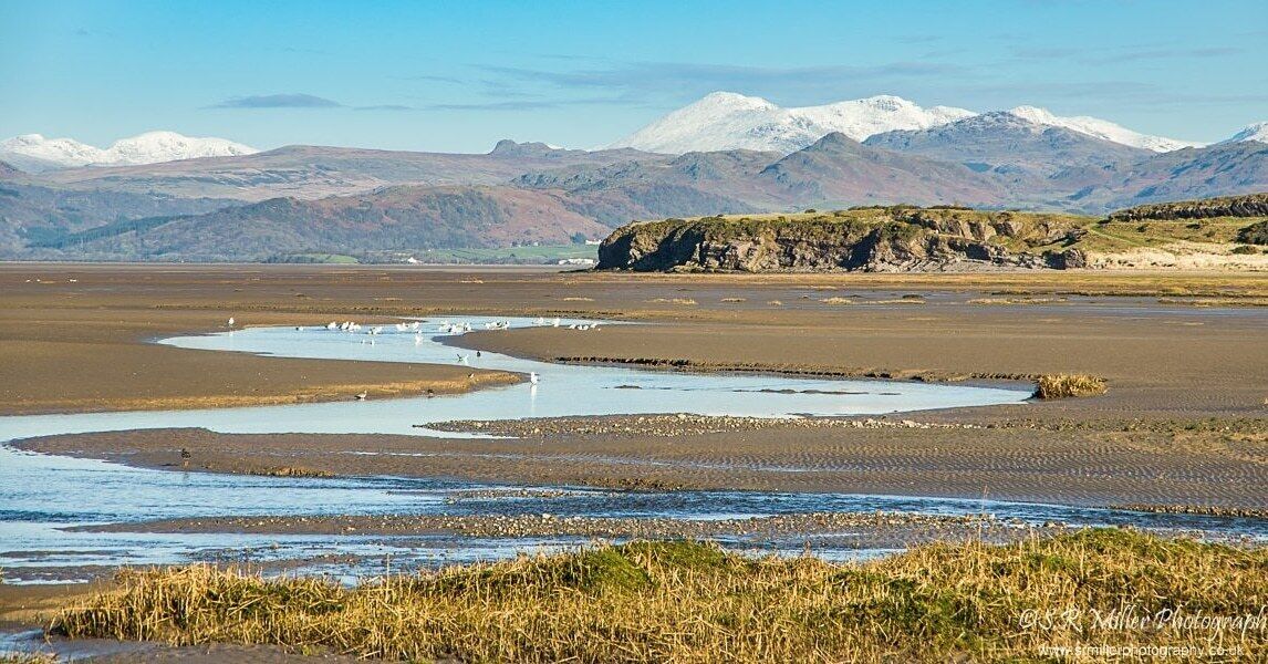 A coastal landscape with a river meandering through a flat terrain, leading to a rocky outcrop with snow-capped mountains in the background.