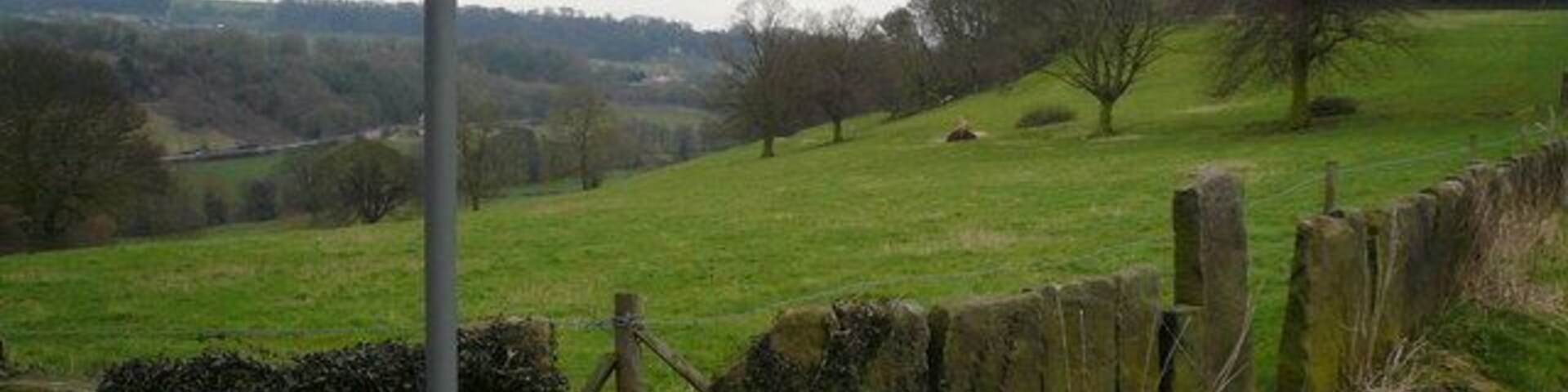 A rural landscape with a signpost indicating a public bridleway.
