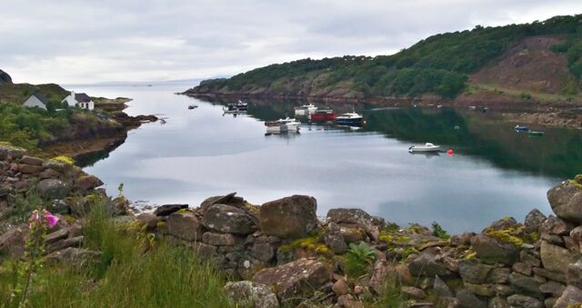 Loch Beag, Shieldaig. Looking northwest over the sheltered harbour of Loch Beag towards Loch Torridon and the open sea.