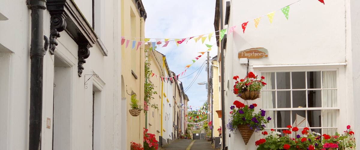 A narrow street with white buildings, colorful bunting, and hanging flower baskets.