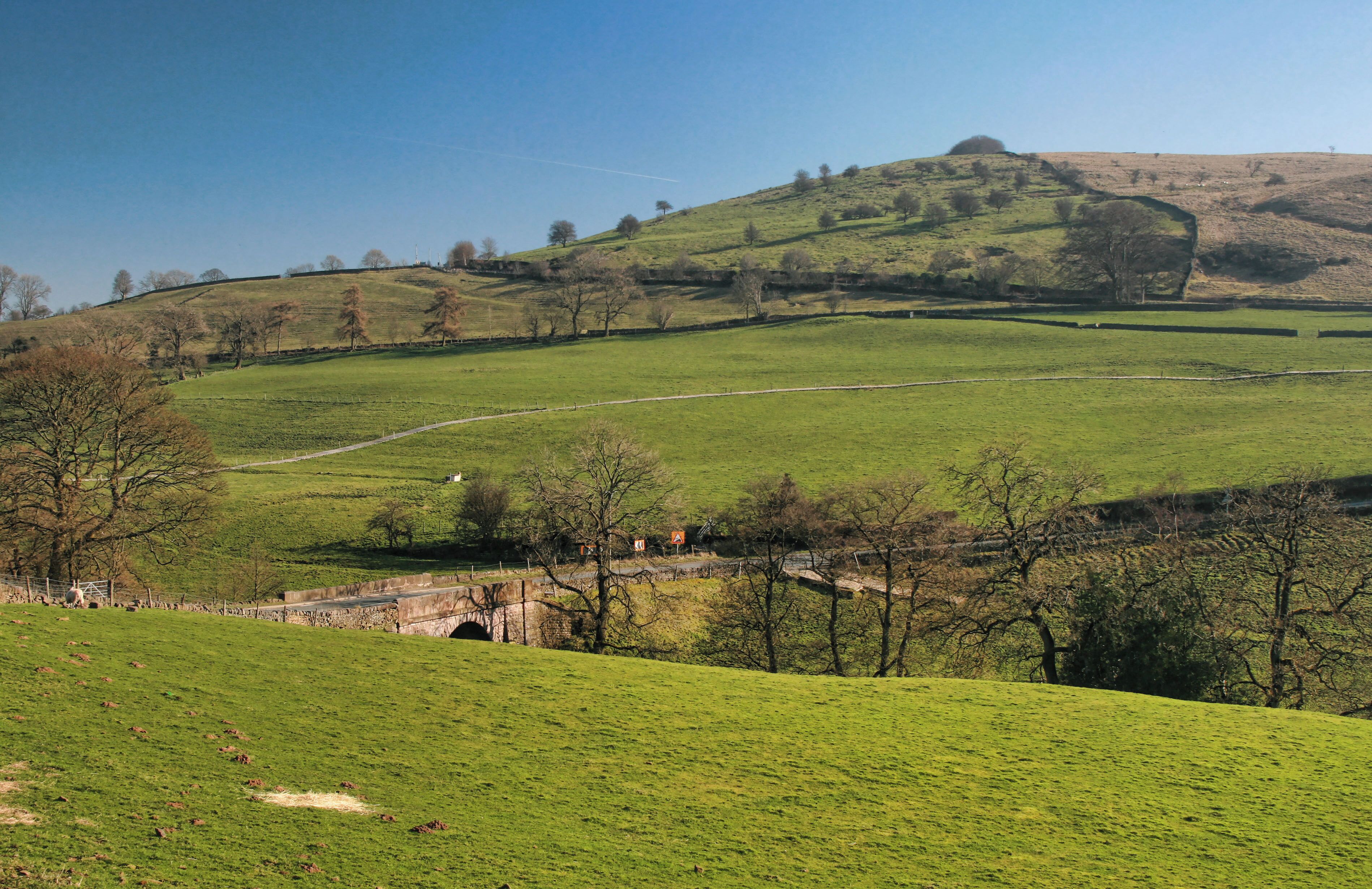A green valley with a stone bridge, rolling hills, and scattered trees.