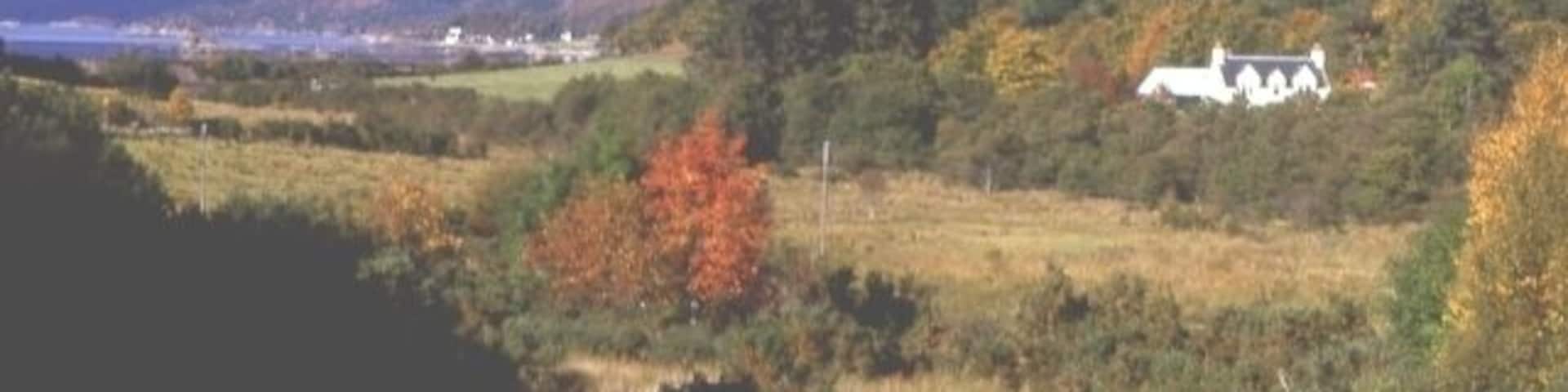 Fernaig. Beyond the autumn colours of the woods around Fernaig is the hamlet of Ardaneaskan on outer Loch Carron, with the mountains of Applecross in the distance.