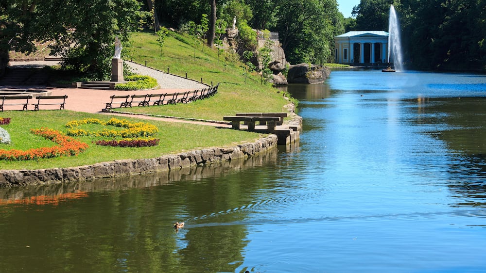 Summer Sofiyivka Dendrology Park, Fountain "Snake", Uman, Ukraine.