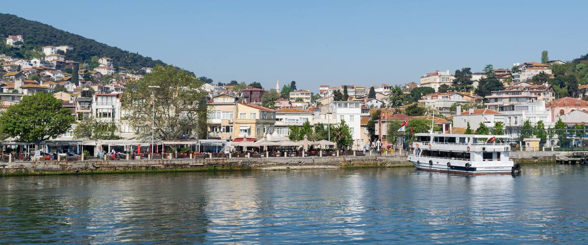A waterfront cityscape with a boat docked near the shore, surrounded by buildings and trees.