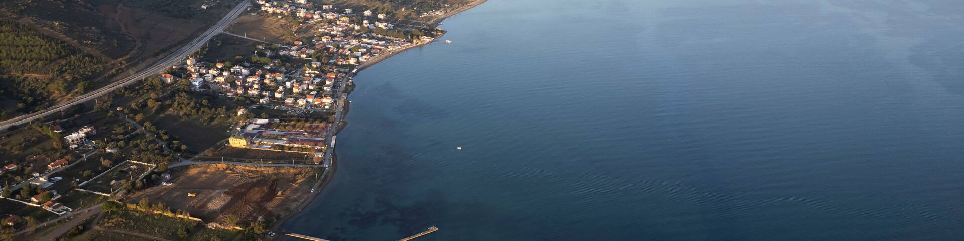 Aerial view at sunset in Seferihisar Doğanbey, a decent holiday town. Izmir Turkey