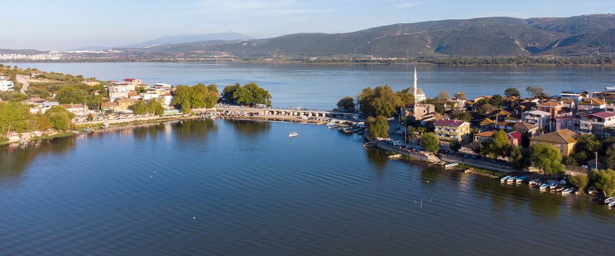 A river with boats, a bridge, and a town with buildings and a mosque.