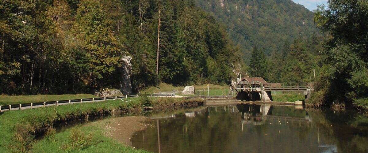 A river with a bridge, a large rock formation, and a forested hillside.
