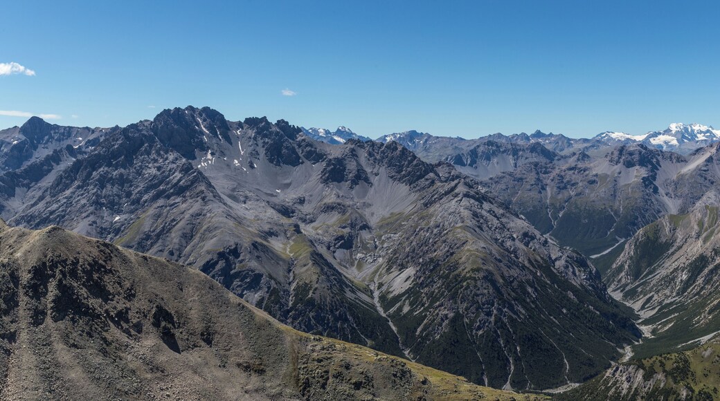 View of Piz Murtaröl (left) and the lower part of Val Mora, seen from Piz Daint; in the background the Bernina massif