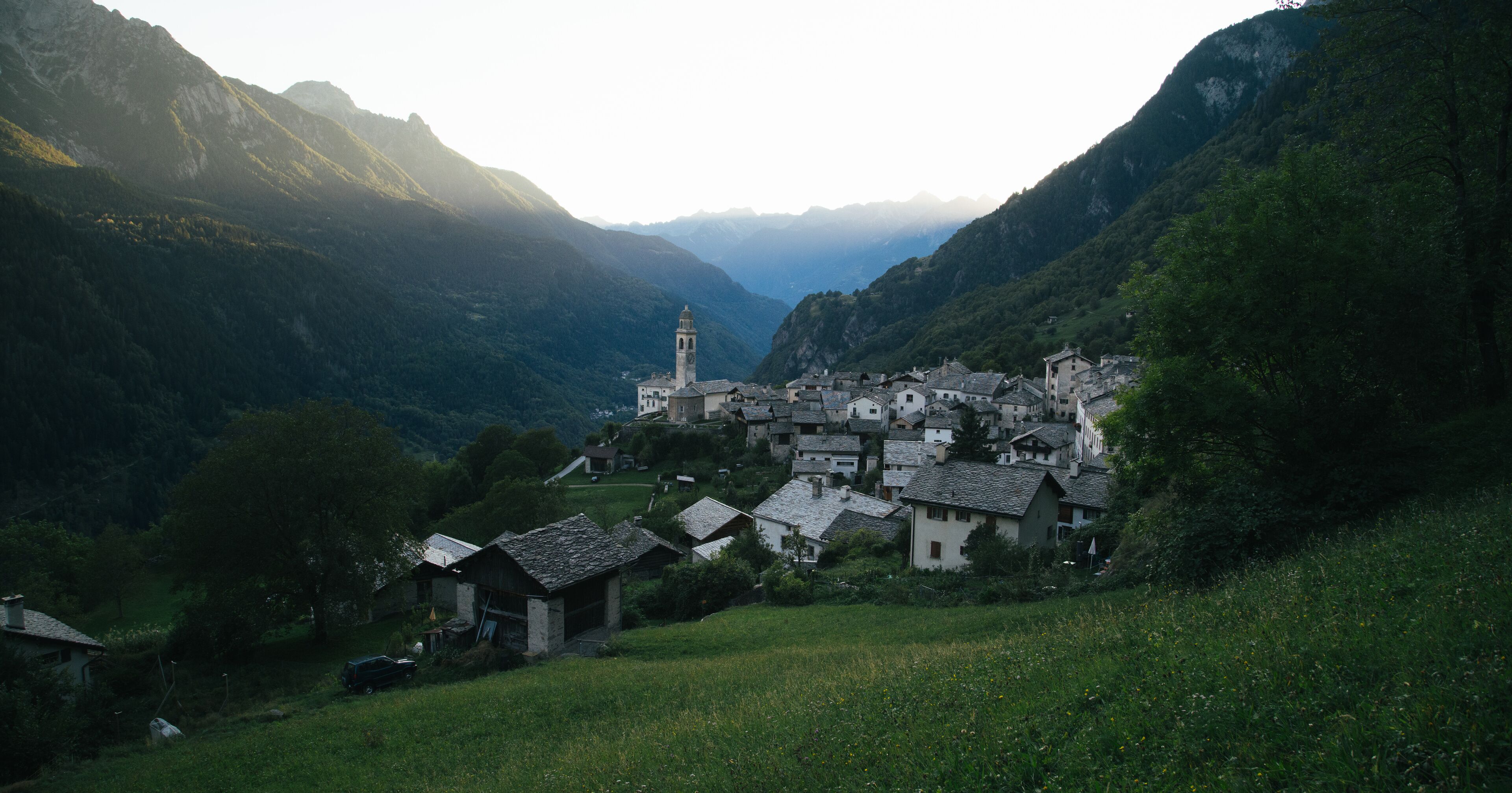 Soglio mountain village at sunset, Bregaglia, Switzerland