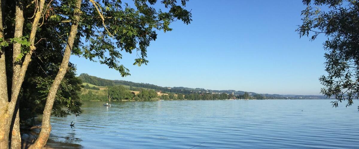 A calm lake with a person fishing, surrounded by trees and distant hills.