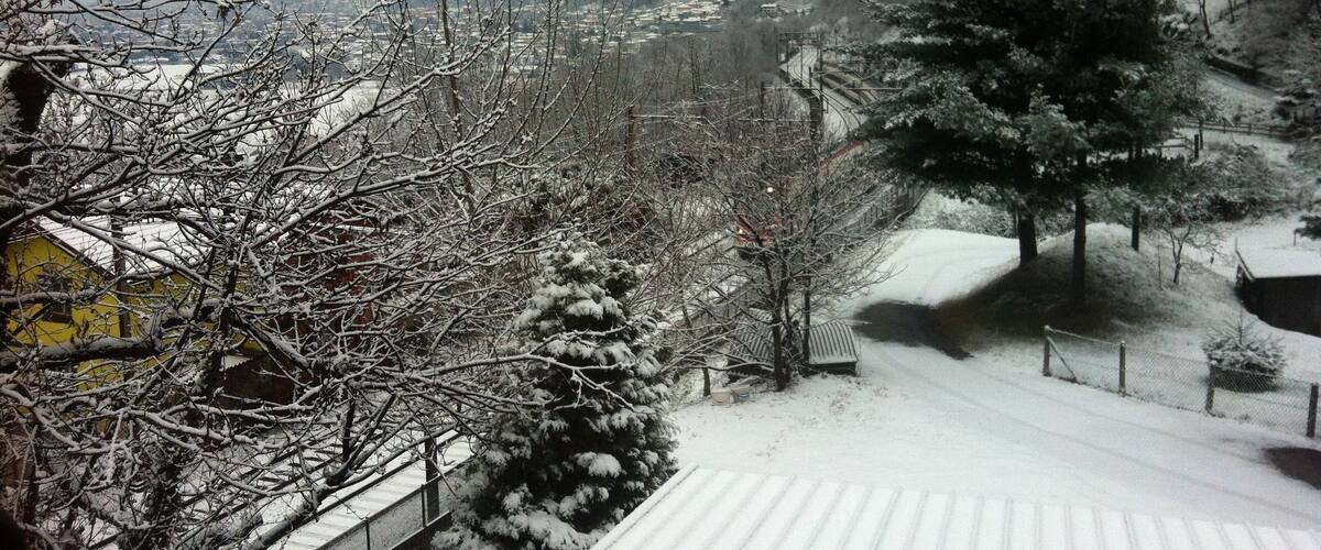 A snow-covered landscape with bare trees, a distant village, and mountains in the background.