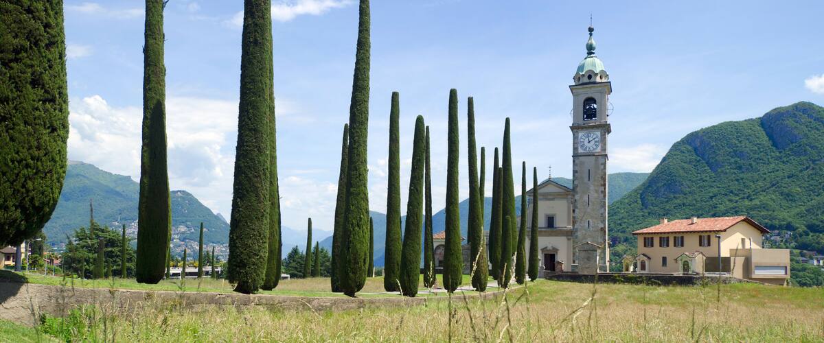 A tower with a clock, surrounded by tall cypress trees, set against a mountainous backdrop.