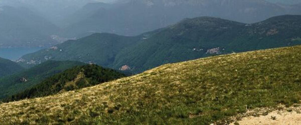 A mountainous landscape with a lake and a town in the valley.