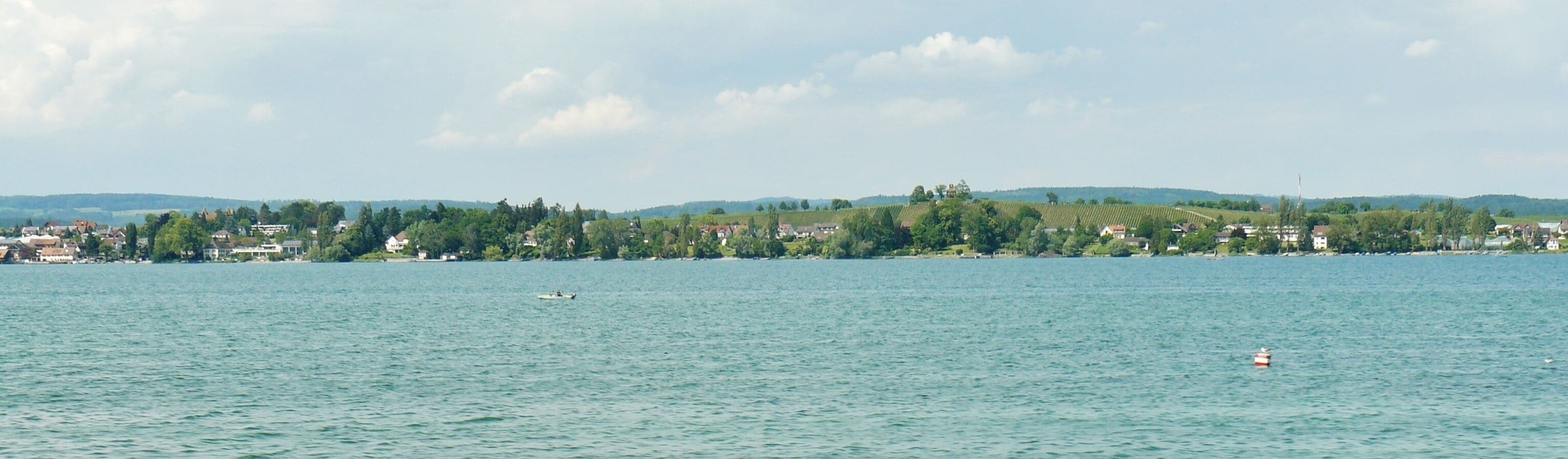 A calm lake with a small boat and a buoy. In the background, there is a town with houses and trees along the shore.