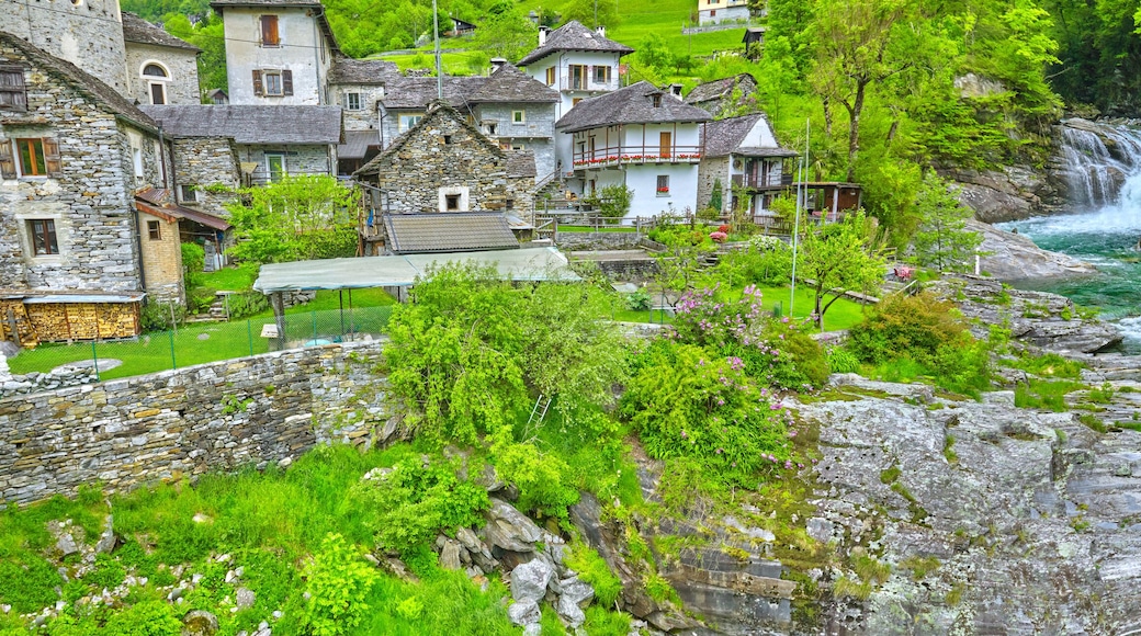 The village Lavertezzo with the river Riale Carecchio in Switzerland