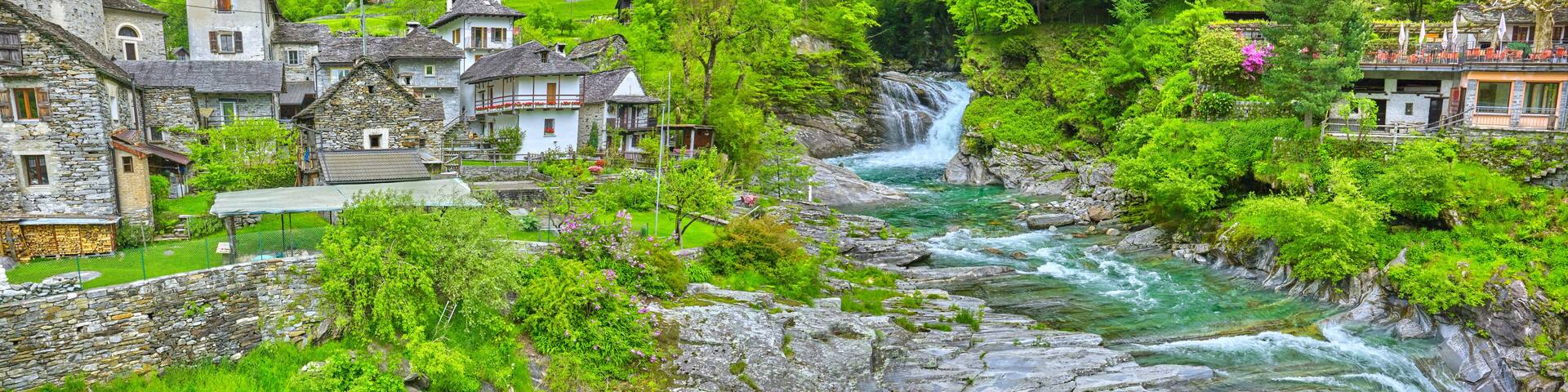 The village Lavertezzo with the river Riale Carecchio in Switzerland
