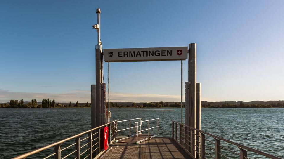 Pier at Ermatingen. Reichenau Island in the background. Lake Constance, Switzerland
