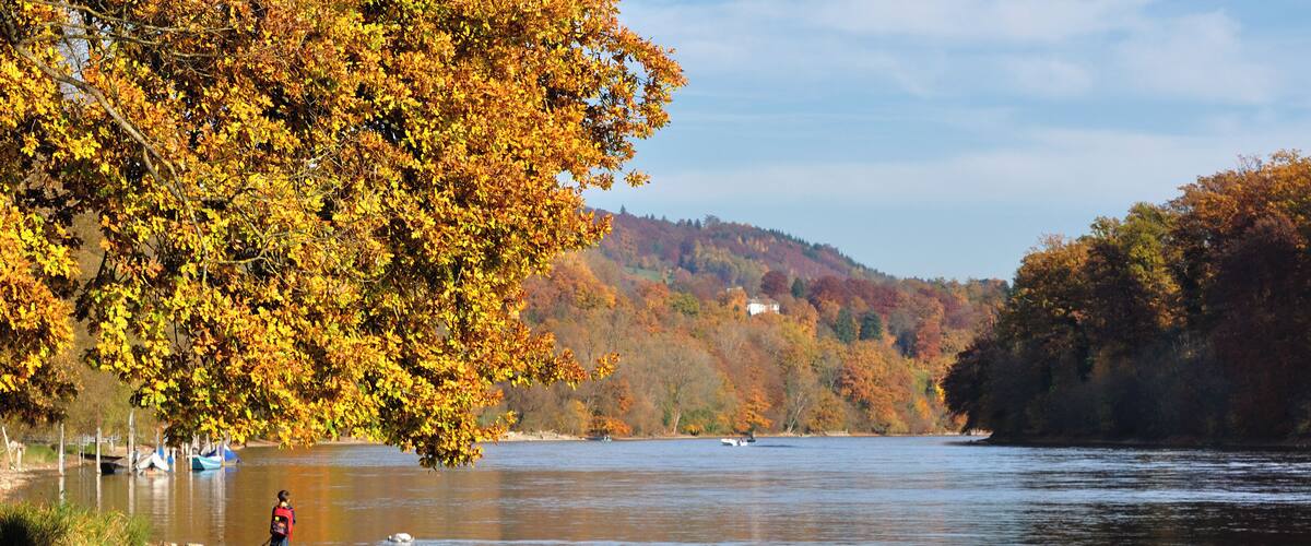 A calm lake surrounded by autumn-colored trees, a person standing on the shore, and boats in the distance.