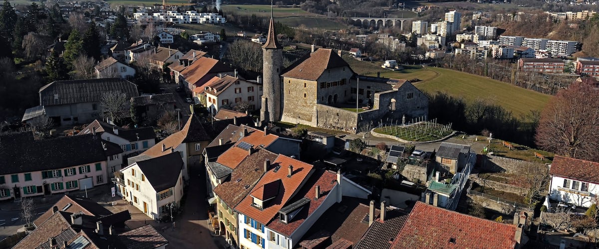 A town with historic buildings, a prominent tower, and a bridge in the background.