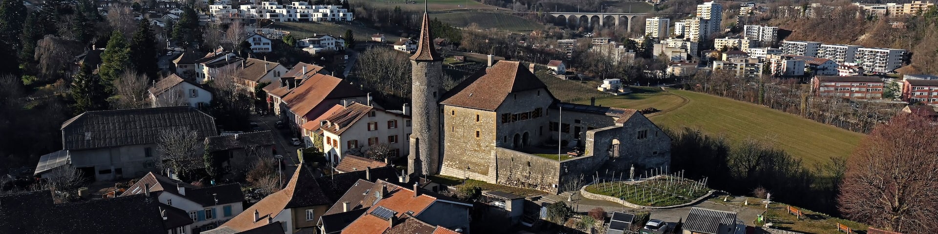 A town with historic buildings, a prominent tower, and a bridge in the background.
