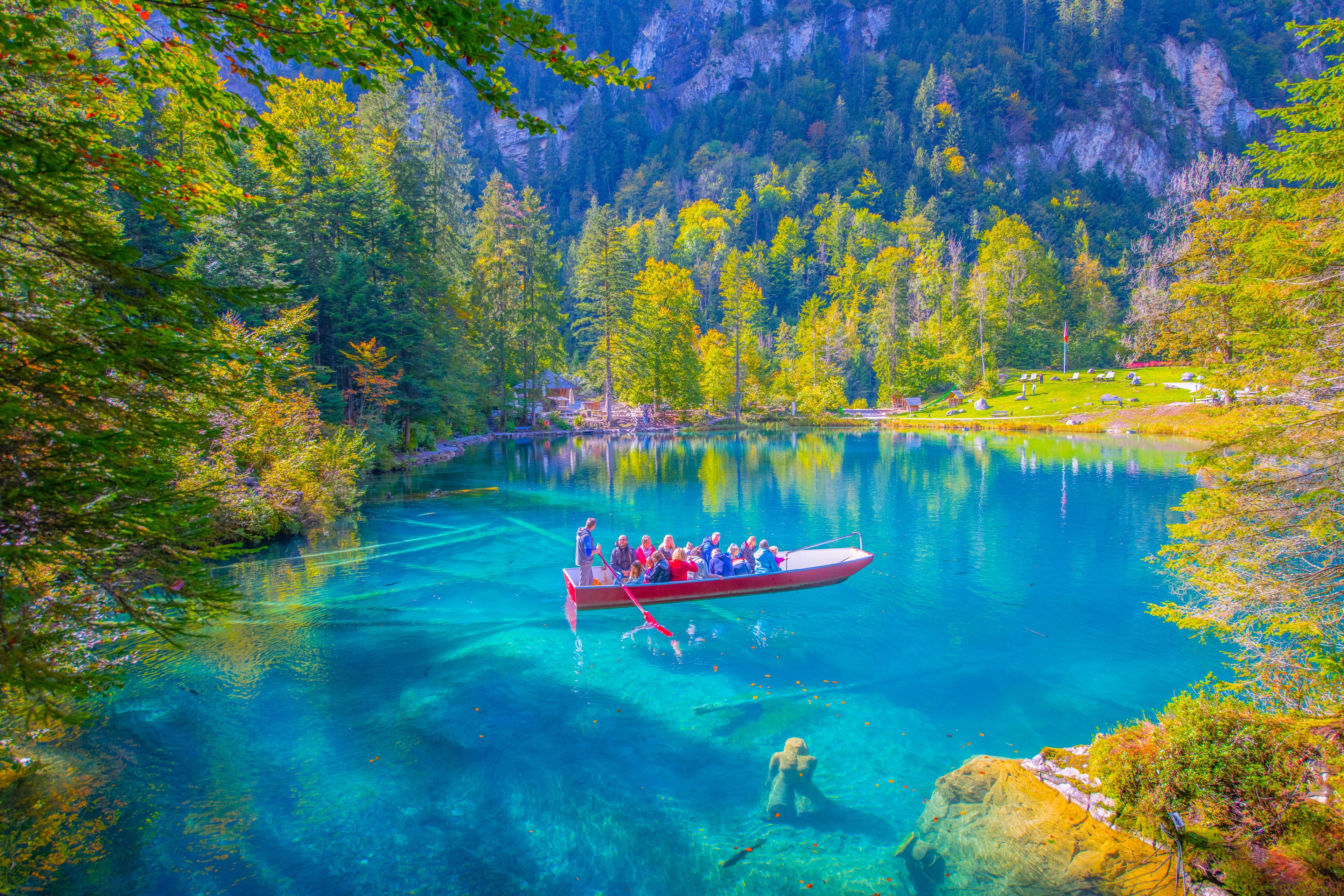 Scenic view of Blausee, a small lake in Kandersteg, Bern canton, Jungfrau region, Switzerland