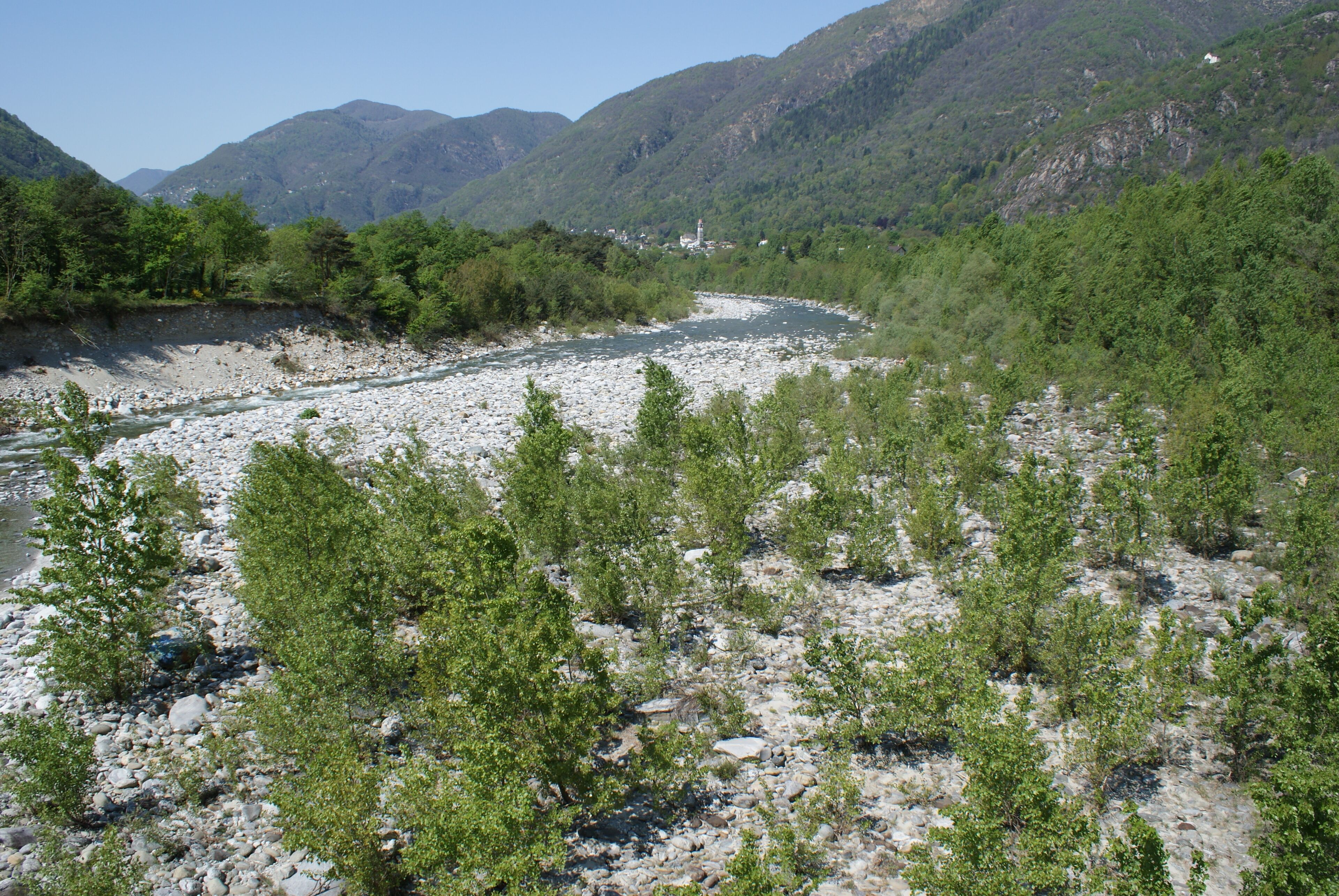 A river winding through a rocky landscape with green vegetation and mountains in the background.