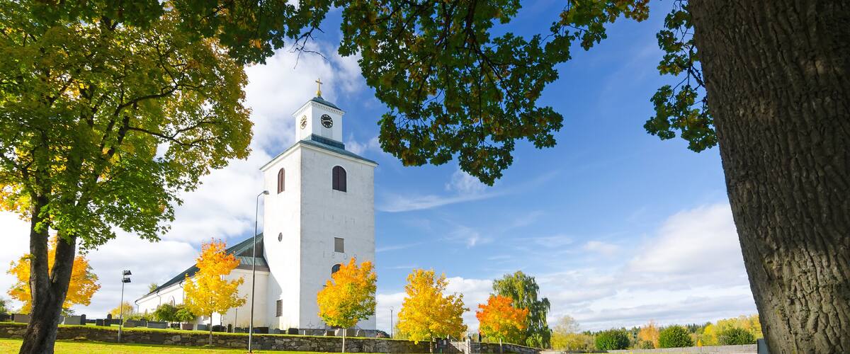 A church with a bell tower, surrounded by autumn trees and a small pond.