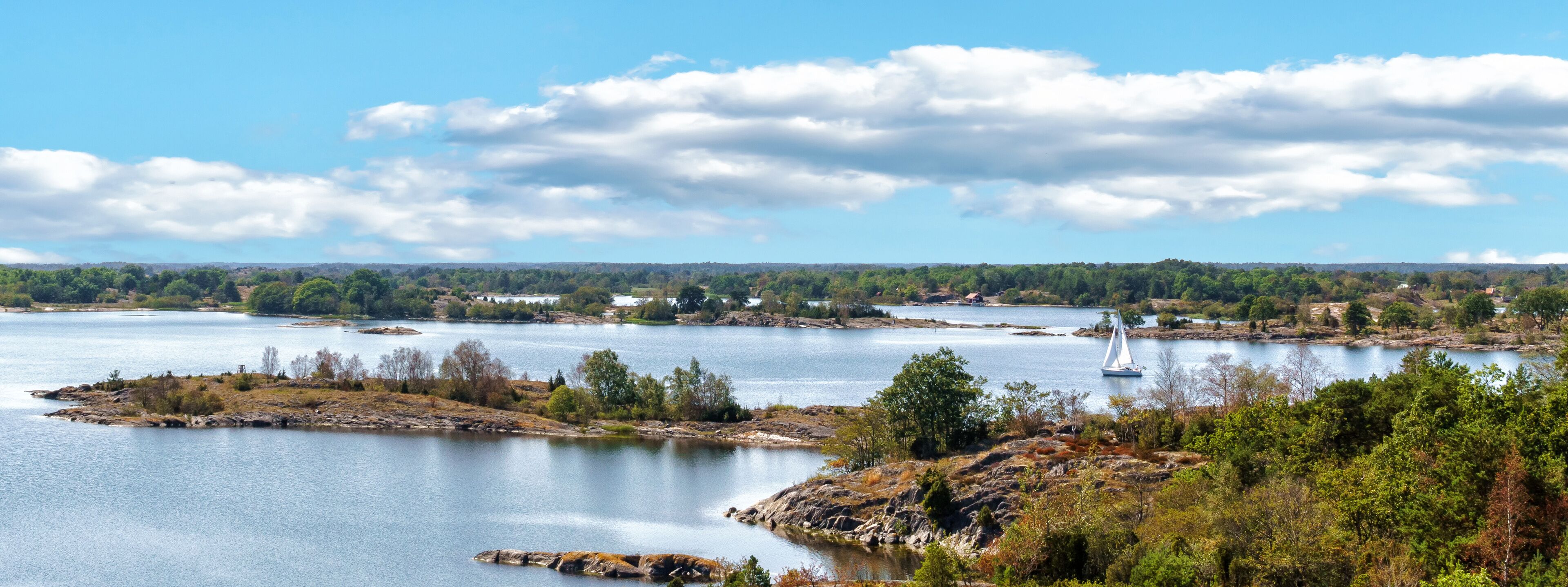 A lake surrounded by trees and rocky shores.