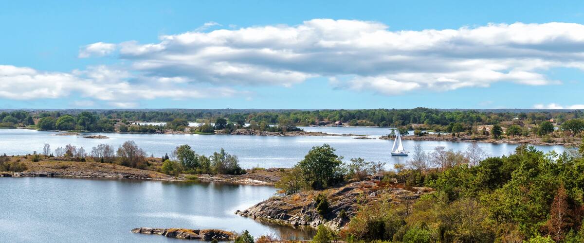 A lake surrounded by trees and rocky shores.