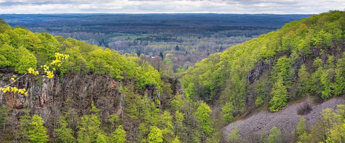 A mountainous landscape with dense green forests and a valley below under a cloudy sky.