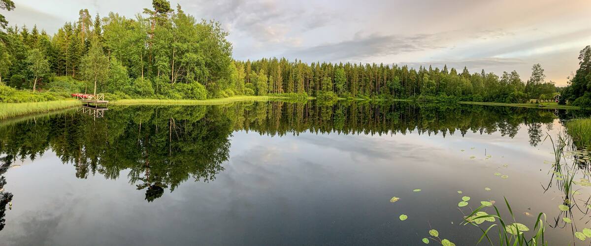 A calm lake surrounded by dense forest, a wooden dock, and a small house.