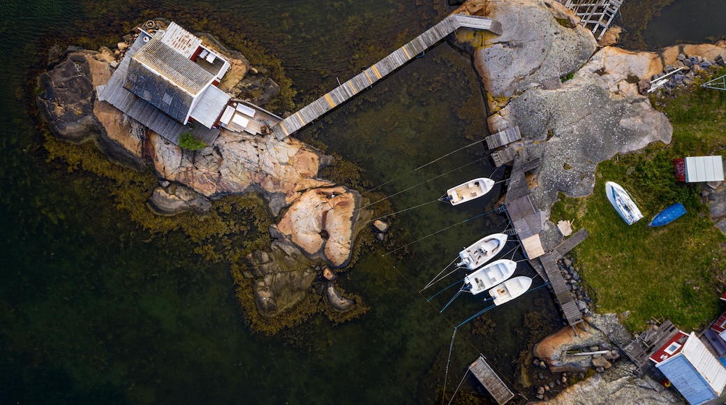 Aerial view of a cottage built on rocks and anchored boats, Hönö, Gothenburg archipelago, Sweden.
