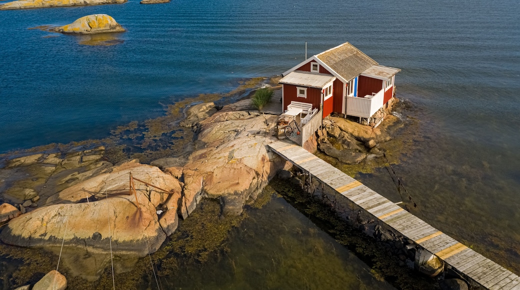 Aerial view of a red cottage , Hönö, Gothenburg archipelago, Sweden.