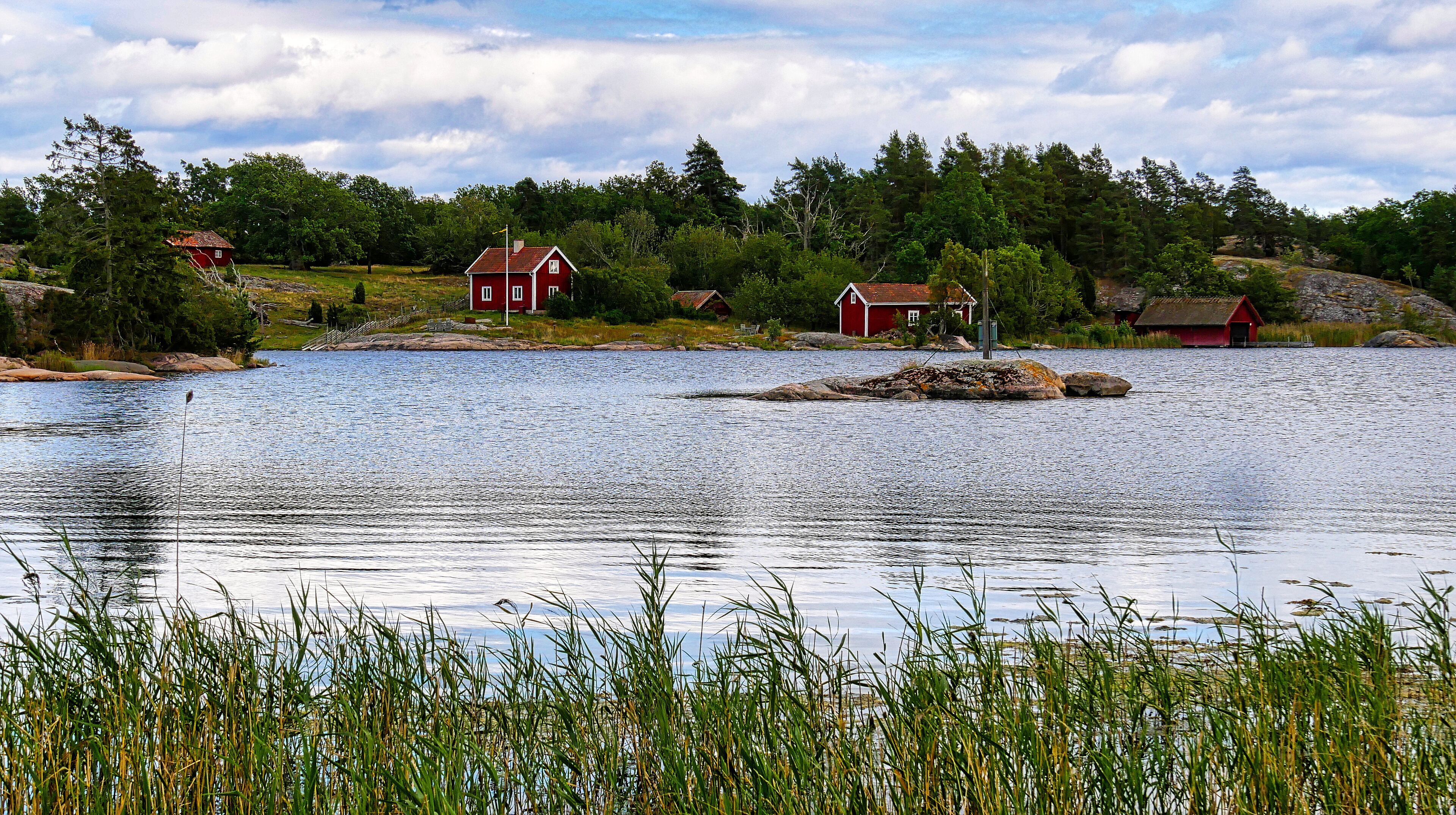 A calm lake with red houses and dense forest in the background.