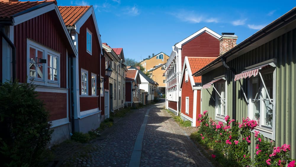 Eine Kopfsteinpflasterstraße gesäumt von roten und weißen Gebäuden, ein klarer, blauer Himmel und rosafarbene Blumen im Vordergrund.