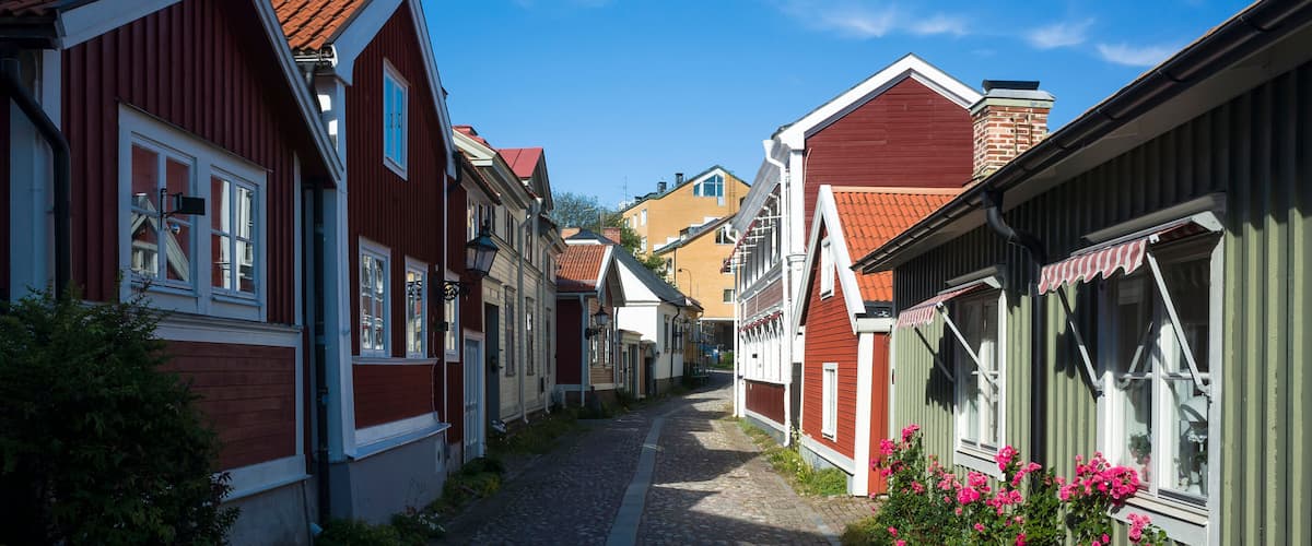A cobblestone street lined with red and white buildings, a clear blue sky, and pink flowers in the foreground.