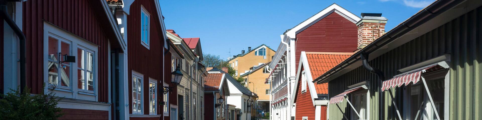 A cobblestone street lined with red and white buildings, a clear blue sky, and pink flowers in the foreground.