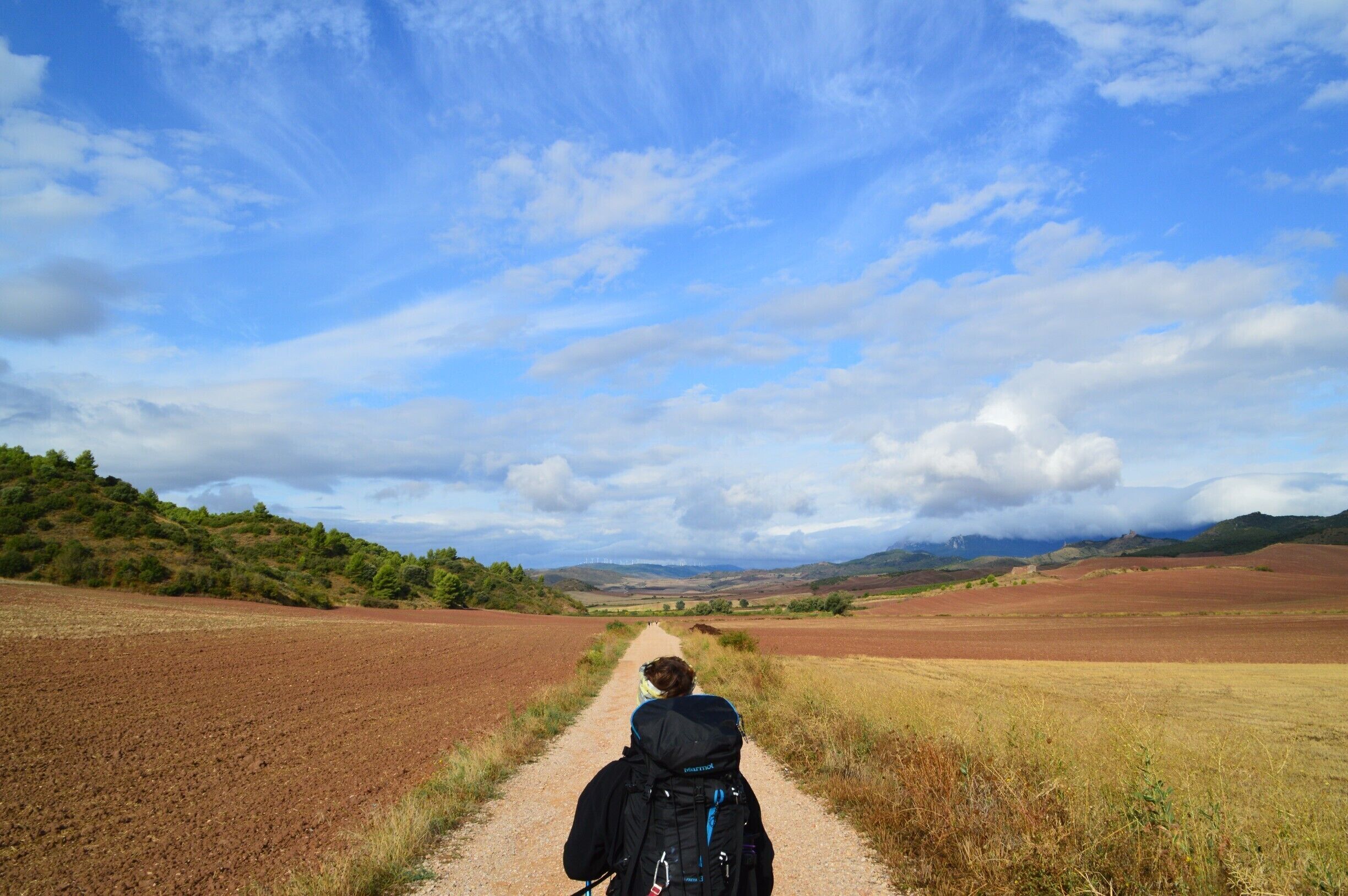 A dirt path through a rural landscape with rolling hills and fields.