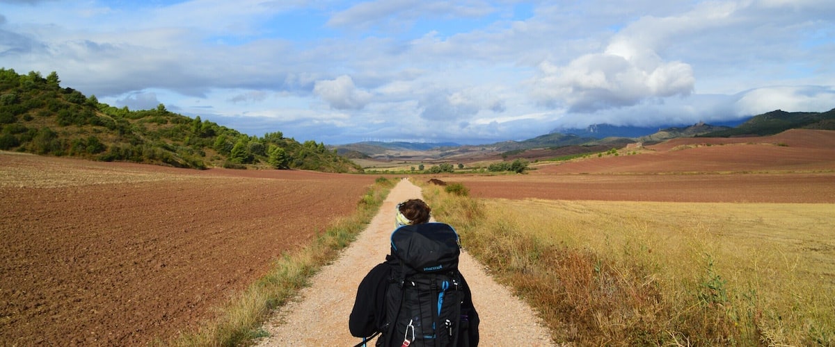 A dirt path through a rural landscape with rolling hills and fields.