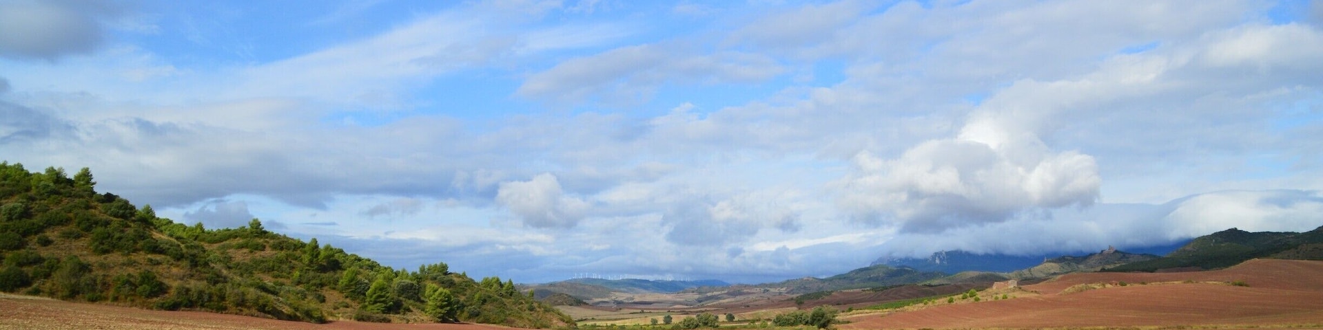 A dirt path through a rural landscape with rolling hills and fields.
