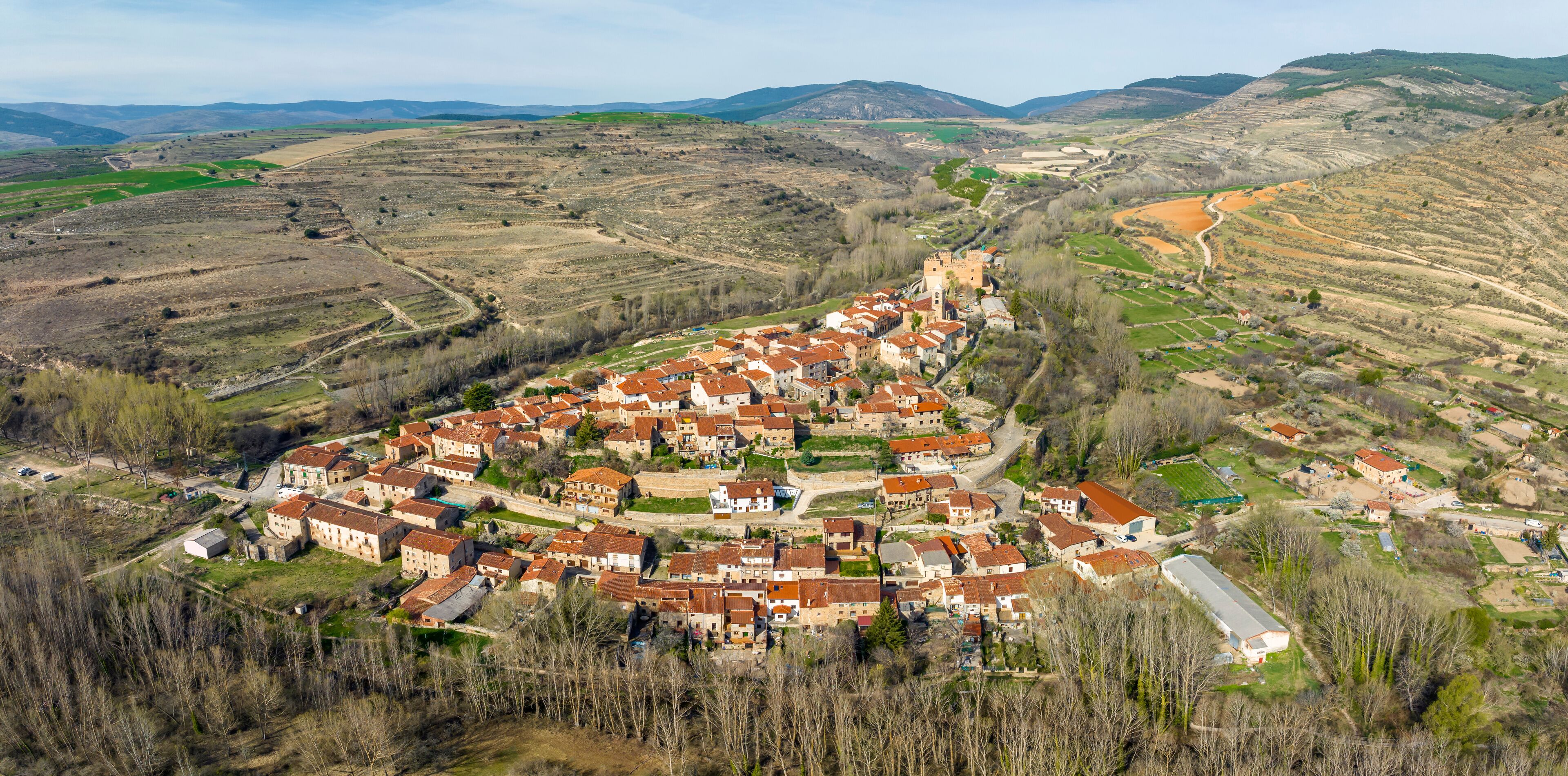 An aerial view of a village with terraced fields and a castle.
