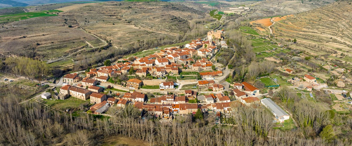 An aerial view of a village with terraced fields and a castle.