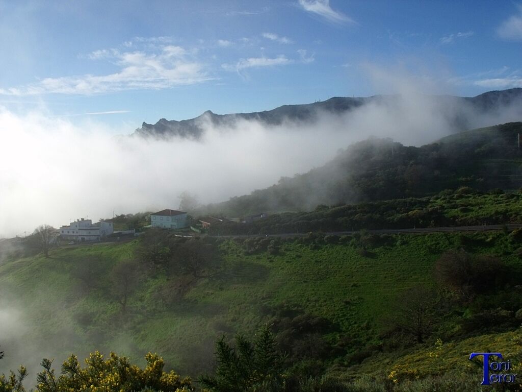A mountainous landscape with a house on a hill, surrounded by greenery and fog.