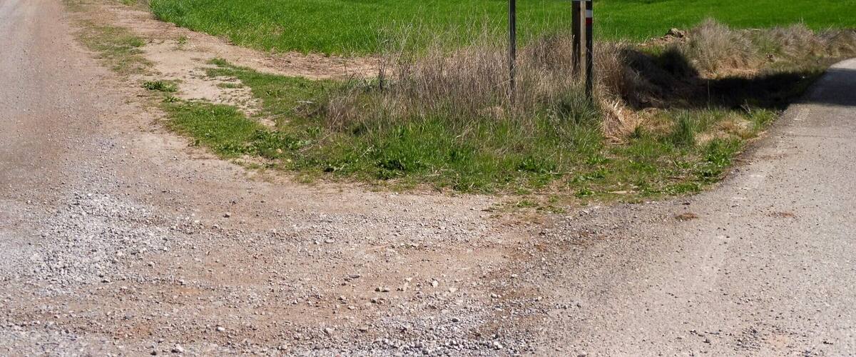 A rural road with a signpost indicating directions to various locations.