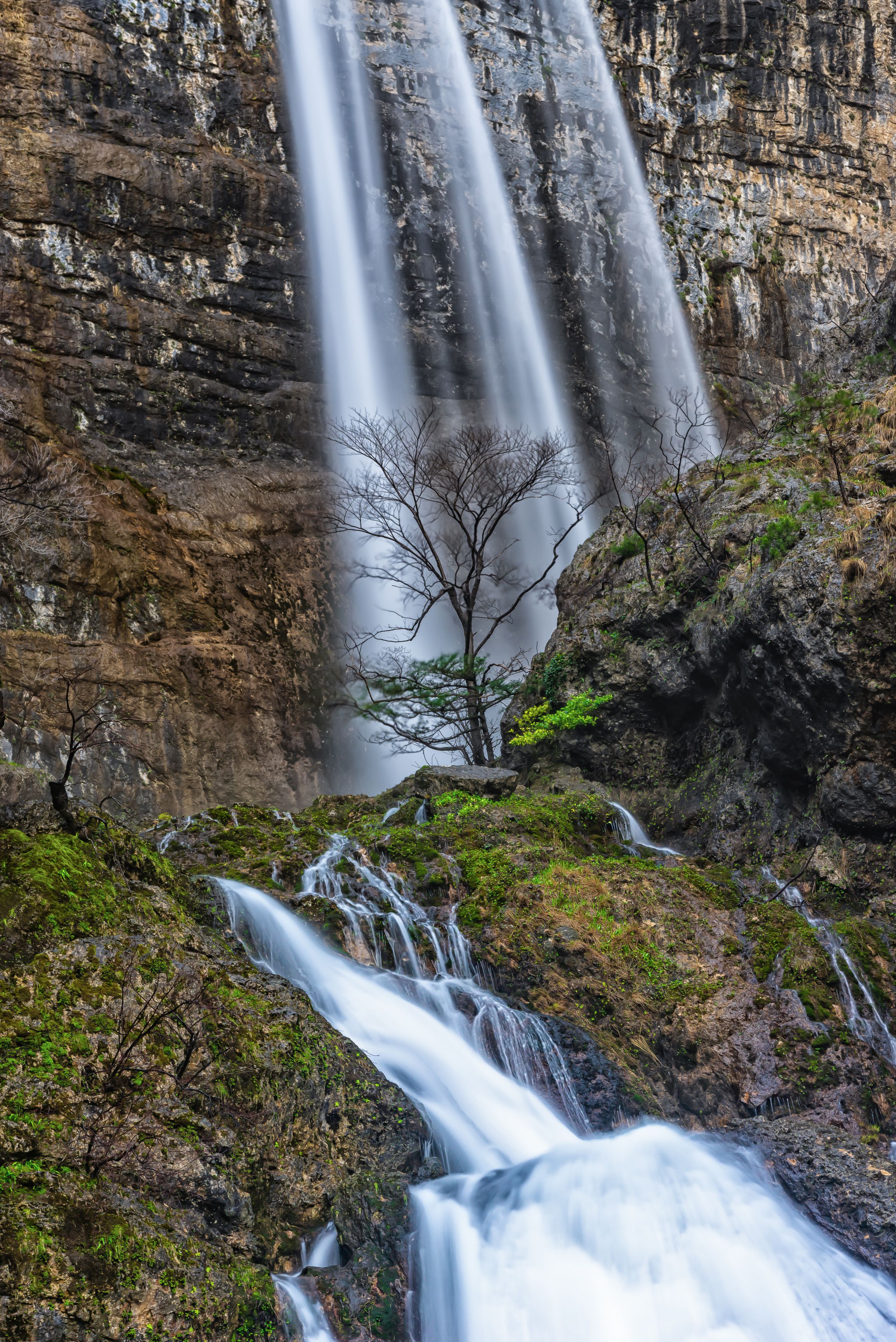 A waterfall cascading down a rocky cliff, surrounded by moss-covered rocks and a few bare trees.