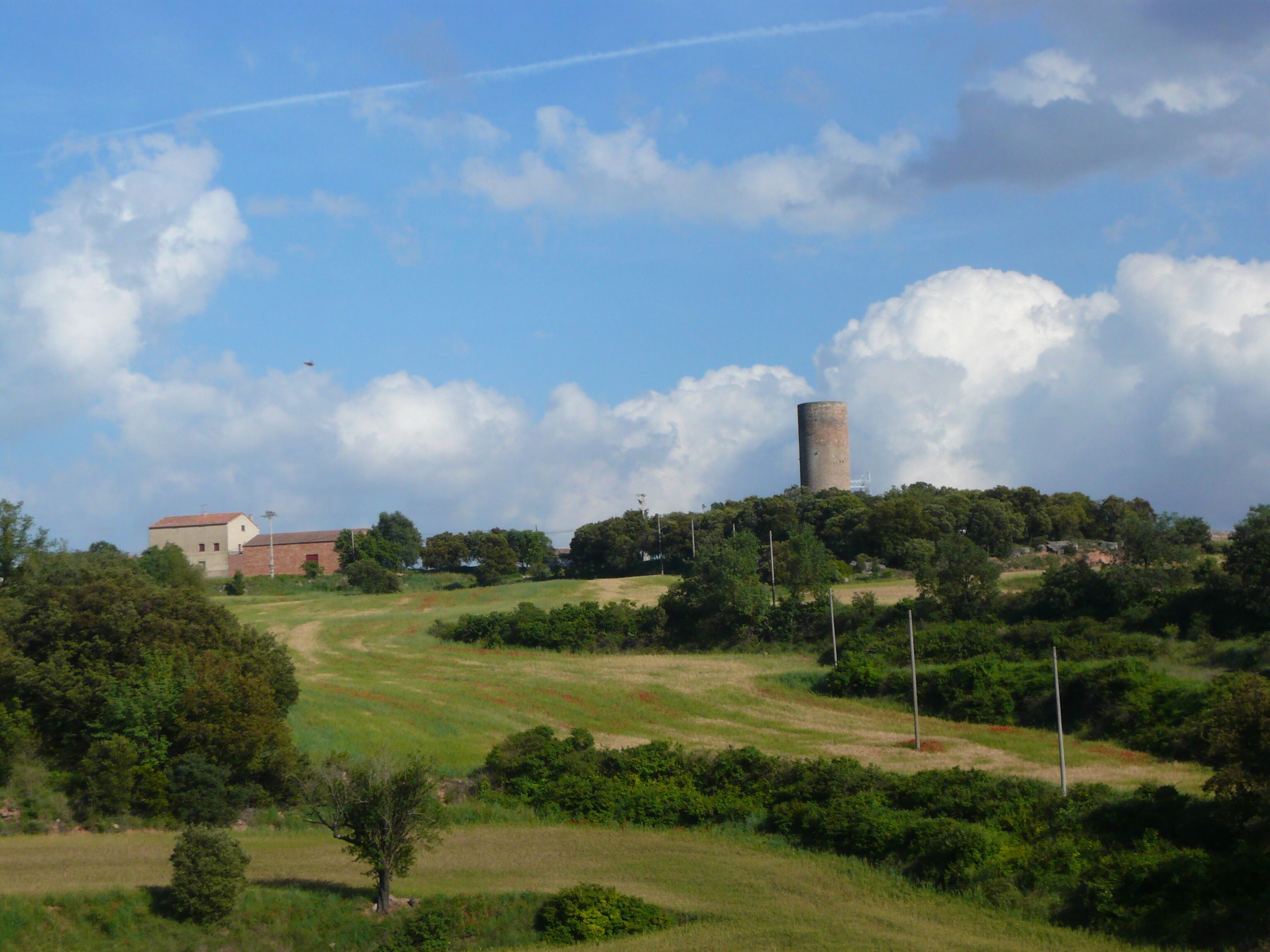 A tower on a hill, a building with a red roof, and a grassy landscape with trees.
