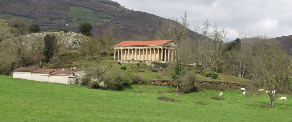 The parish church of Saint George is a Catholic church located next to the Hornillos Palace which is located in the hamlet of Las Fraguas, Arenas de Iguña, Cantabria, Spain. The church was built in 1890 and is designed in a neoclassical-style which mimics the Roman Pantheon. It was built at the behest of the Dukes of Santo Mauro and stands on a site of a medieval hermitage. The building architectural elements include architraves, cornice, and triangular pediment and is one of the very few important and rare neoclassical buildings in Cantabria. On the southern side of the church there is a small cemetery. The church was eventually donated to the near-by village of Las Fraguas and now serves as that communities parish church. During the Spanish Civil War the church was used by the republicans as a prison.