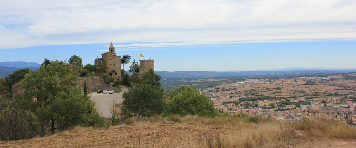 A historic castle on a hill overlooking a town.