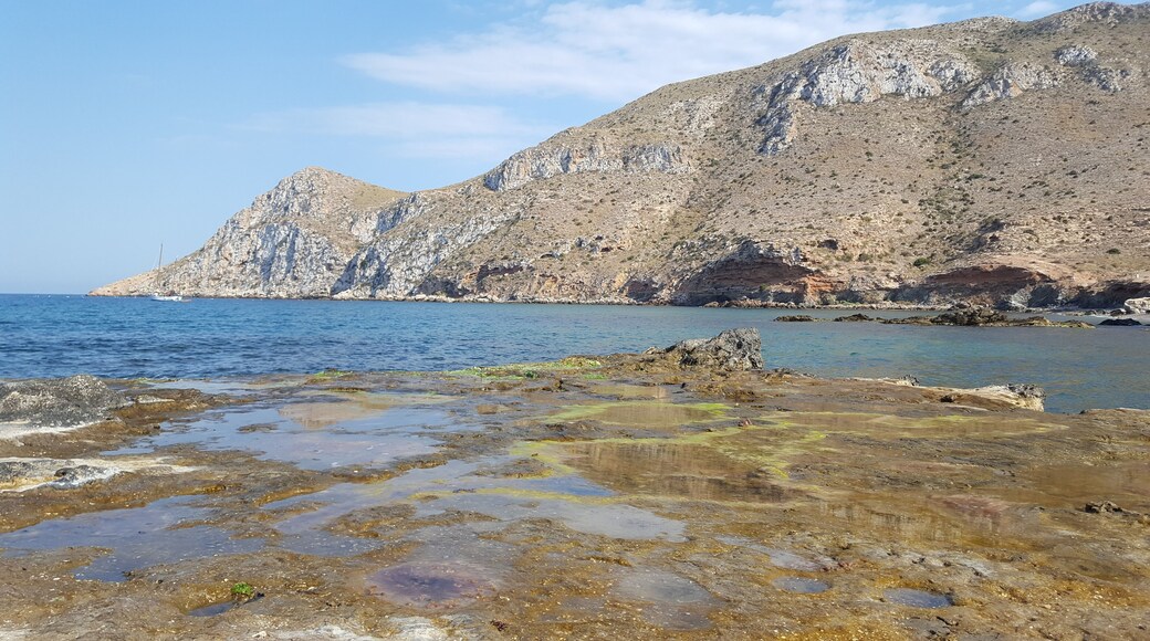 Vista de Cabo Cope desde la Playa de Cope en la cual se pueden observar los distintos acantilados que hacen de esa playa una zona escarpada y rocosa.